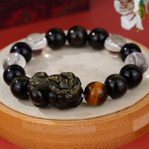 黑曜石白水晶手串